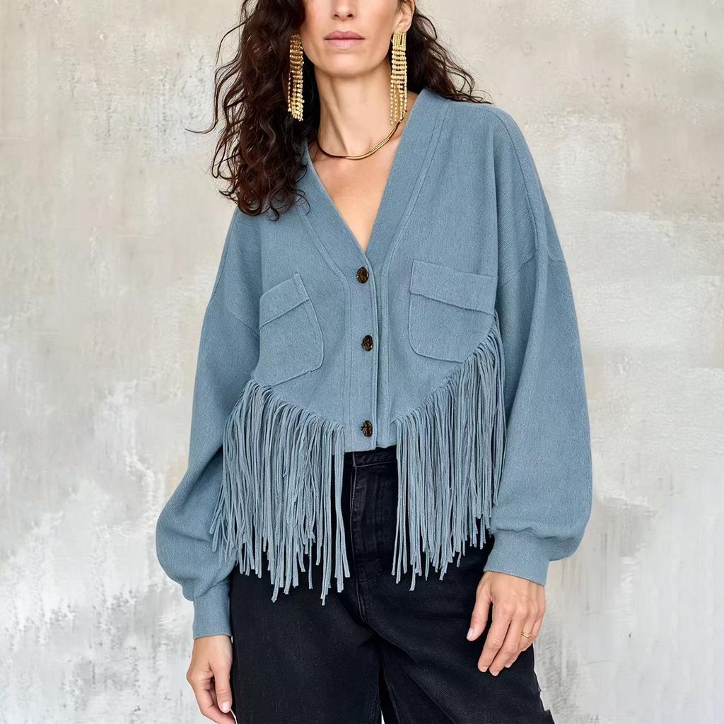 Women's Cropped Streetwear Jacket with Flattering Fit, Hem, V-Neck and Single-Breasted Button Front