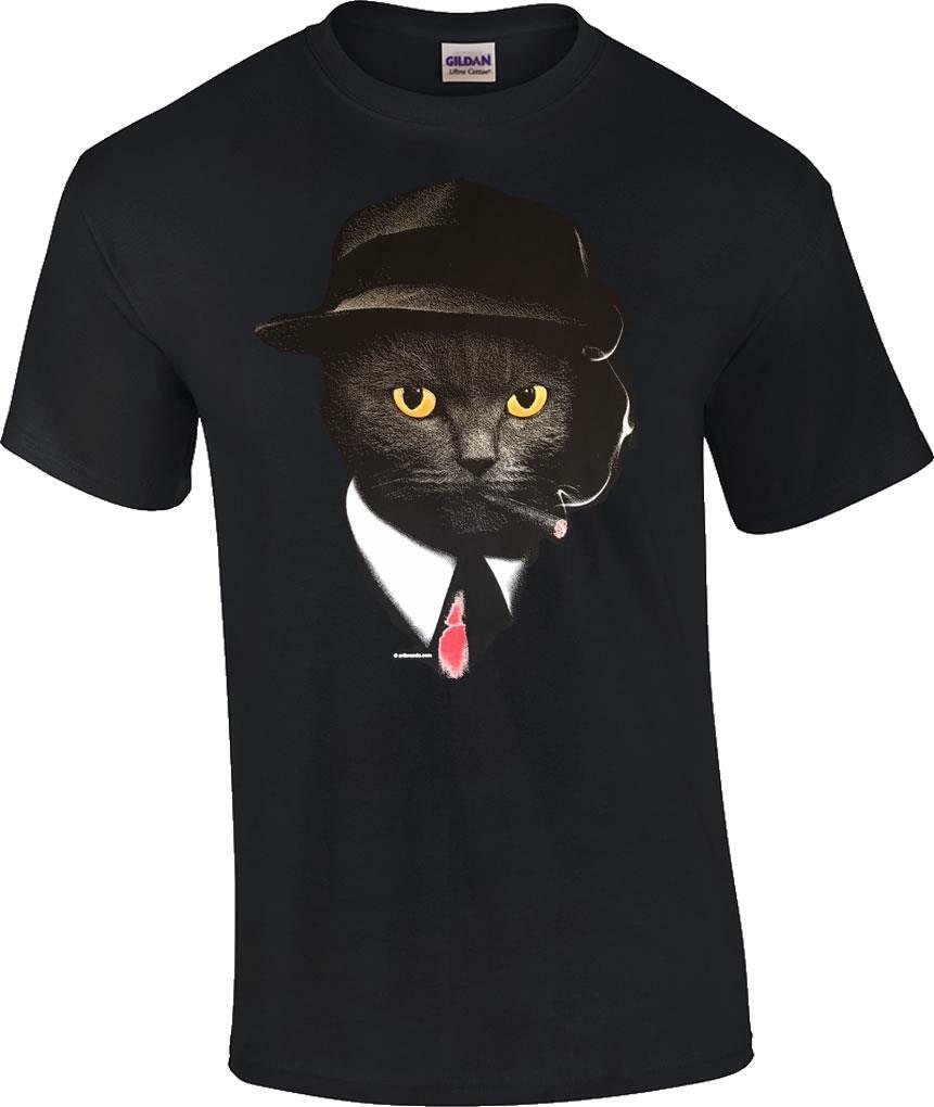 Funny Secret Agent Cat Hat Tie Cigar Mafia Novelty T-Shirt S