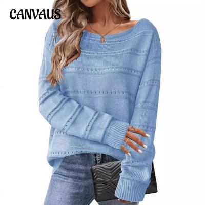 Autumn and Winter Women's Plus Size Cute Long Sleeve Off-Shoulder Pullover Tops Hollow Out Crochet Sweater
