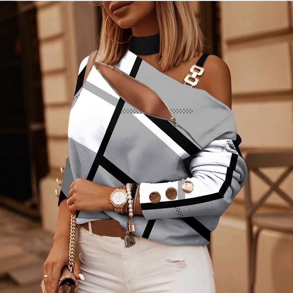 Women's Fall/Winter Long-Sleeve Chain Halter Neck Printed Button-Decorated Tops