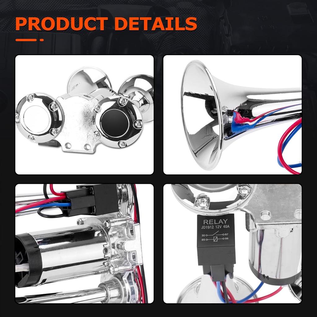 12V 600DB Upgraded Air Horn Dual Trumpets, Super Loud Train Electric Horn Kit with Air Compressor Compatible with 12V vehicles Trucks Trains Boats