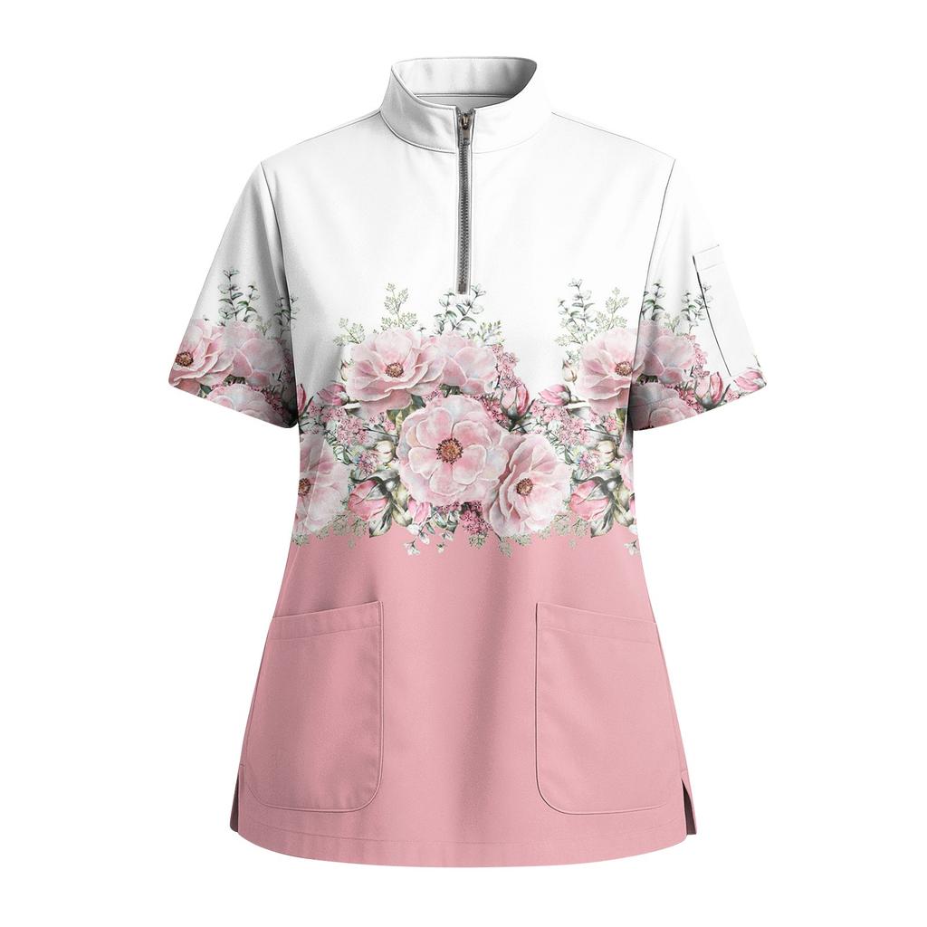 Women's Short Sleeved Printed V-neck Buttonable Side Slit Top T-shirt