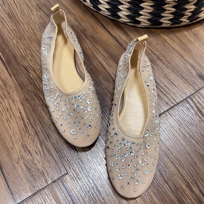 Mesh Luxury Rhinestones Flats Women Shoes Round Toe Shallow Casual Beach Shoes Female Soft Sole Fashion  Mary Jane Shoes