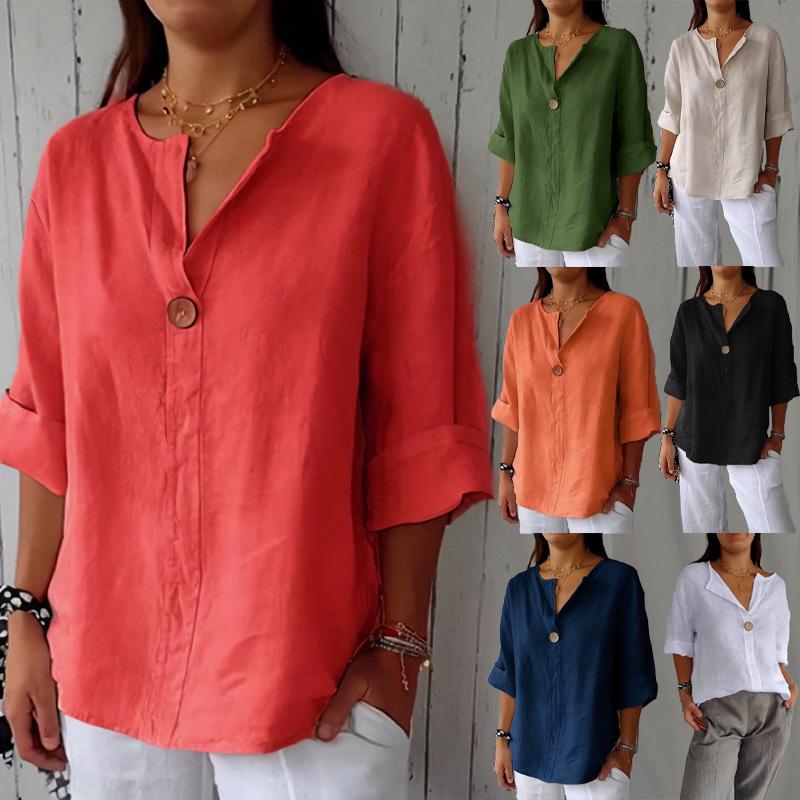 2025 European Summer V-Neck Cotton Linen Women's T-shirt