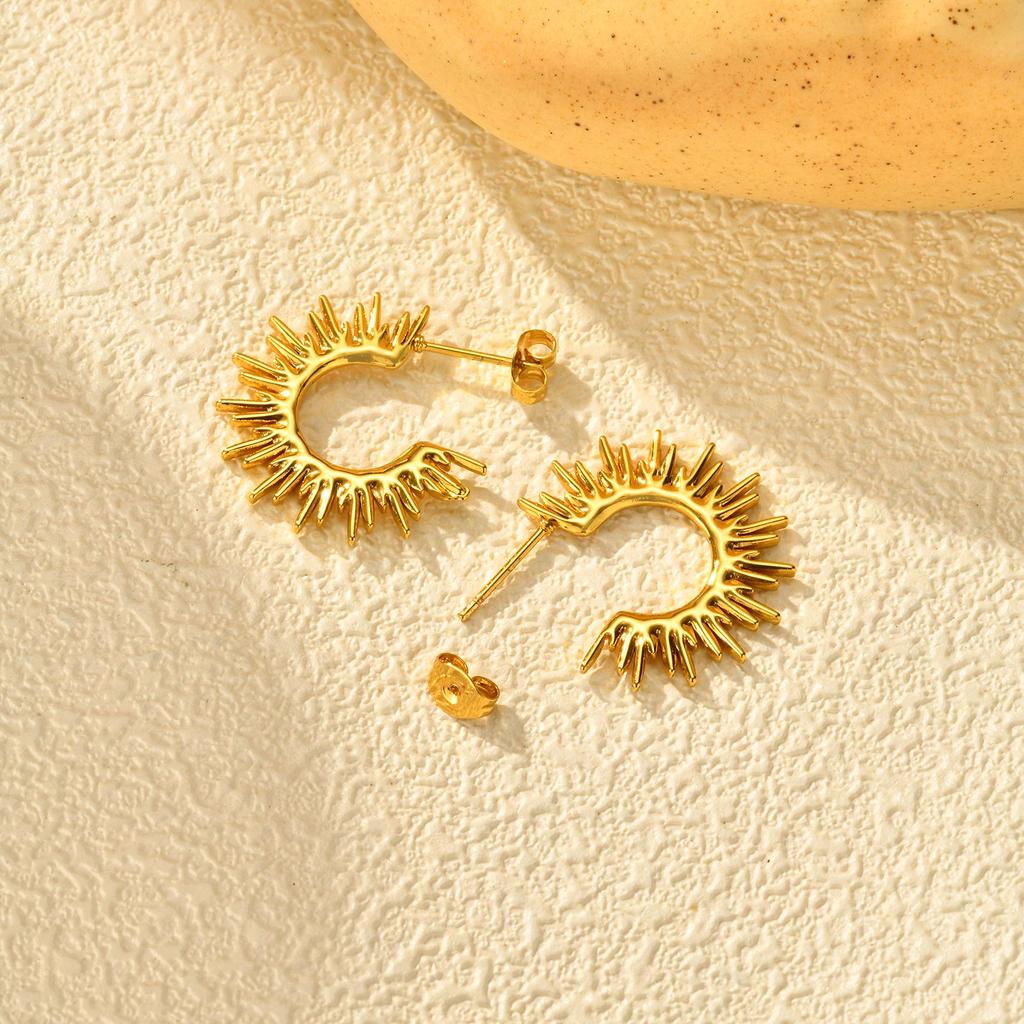 Stainless Steel Irregular C-shaped Stud Earrings for Women,Gold Color Vintage Sun Flower Earrings,Exaggerated Jewelry Gift