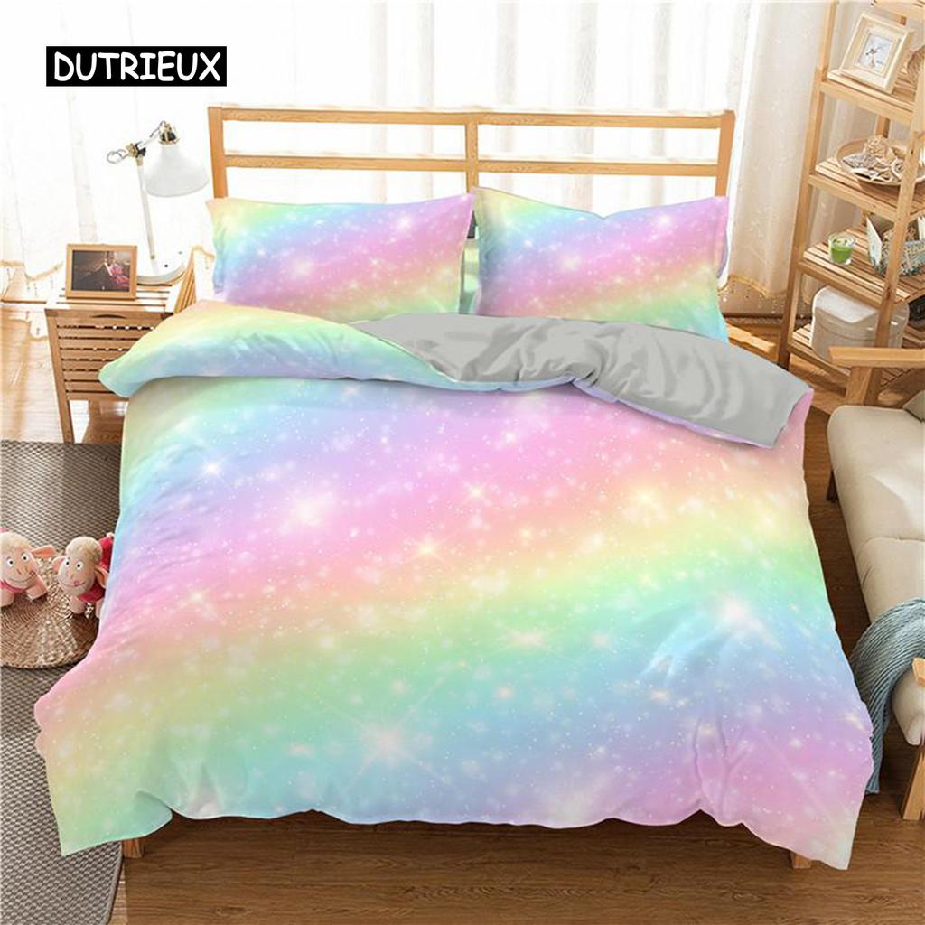 Regenbogen Bettbezug Set für Mädchen Regenbogen Stern Bettwäsche Set Mädchenhaft Glitzernd Doppel Queen King Size Weich und Bequem Bettdeckenbezug