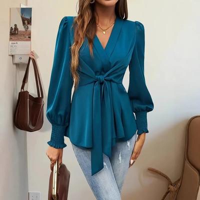 Women's V Neck Long Sleeve Blouse Slim Fit Elegant Solid Color Wrap Tie Front Satin Shirt