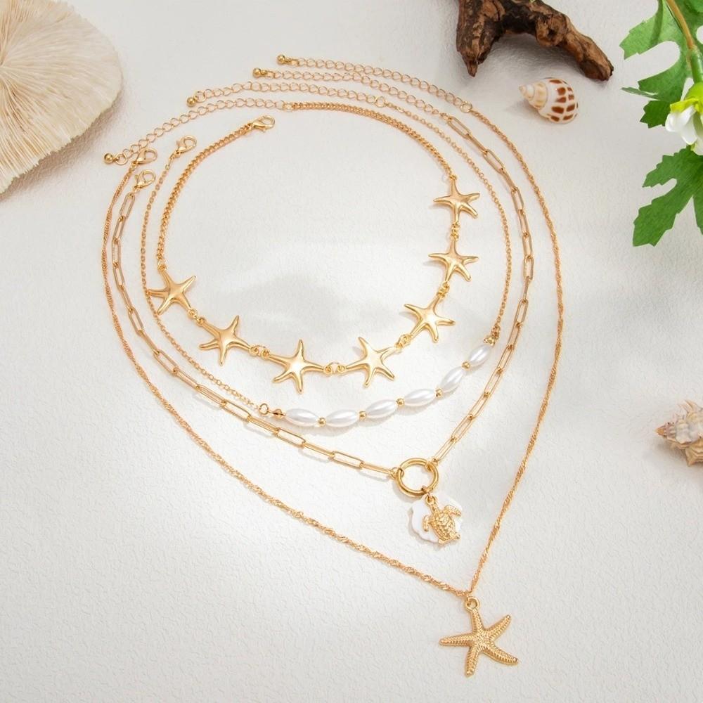 4Pcs Zinc Zinc Alloy Pearl Shell Starfish Necklace Set Multi-Layer Starfish Beach Pendant Daily