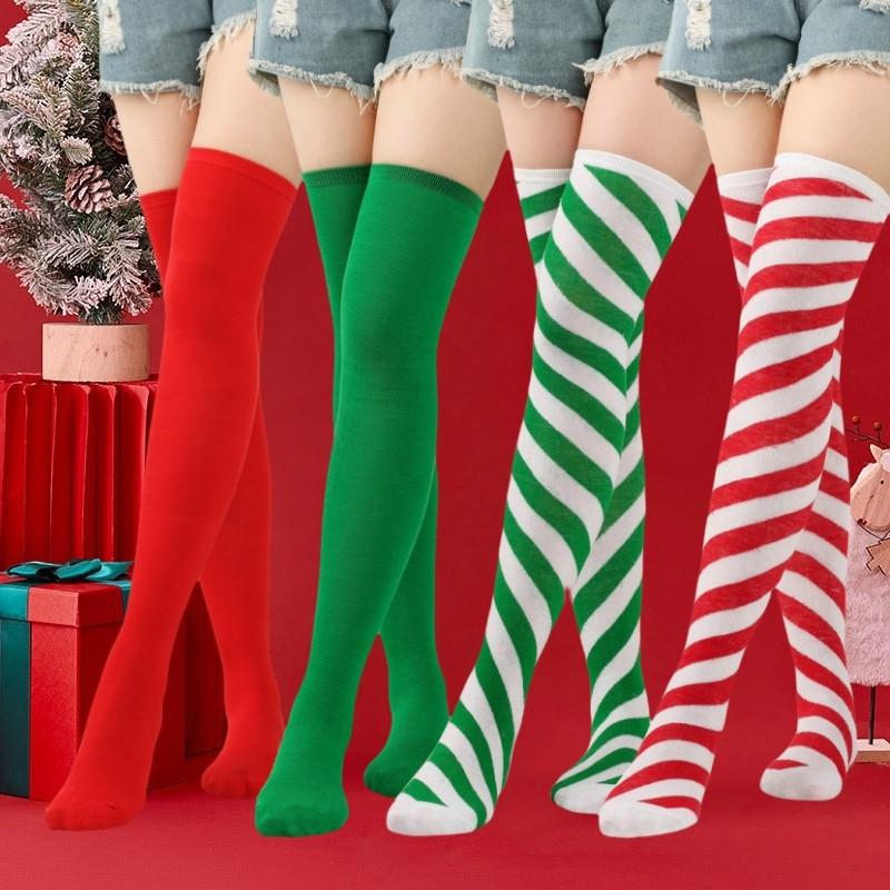 Women Socks New Year Gift Striped Christmas Decorations High Socks Cotton Long Stockings Girls Striped Knee Socks