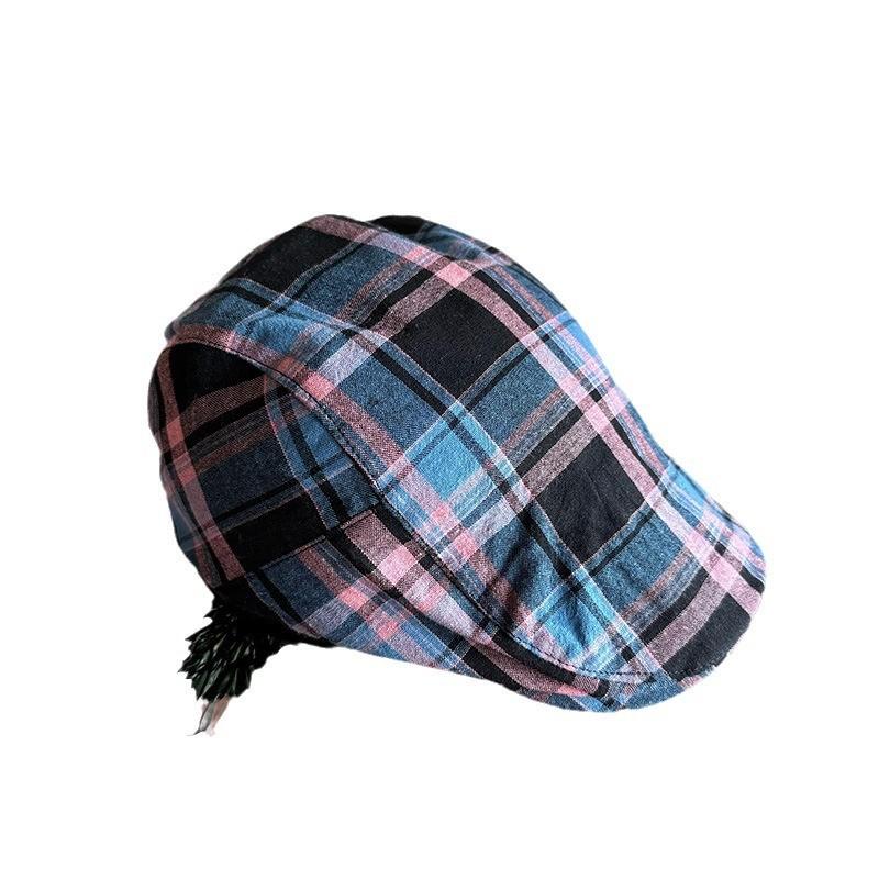 Grid Clashing Color Summer Breathable Cotton Blended Beret Hat Fashion Women