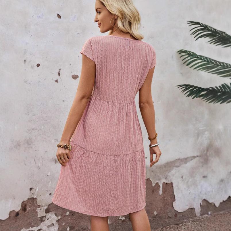 Women Summer Casual O Neck Solid Color Loose One Piece Dress