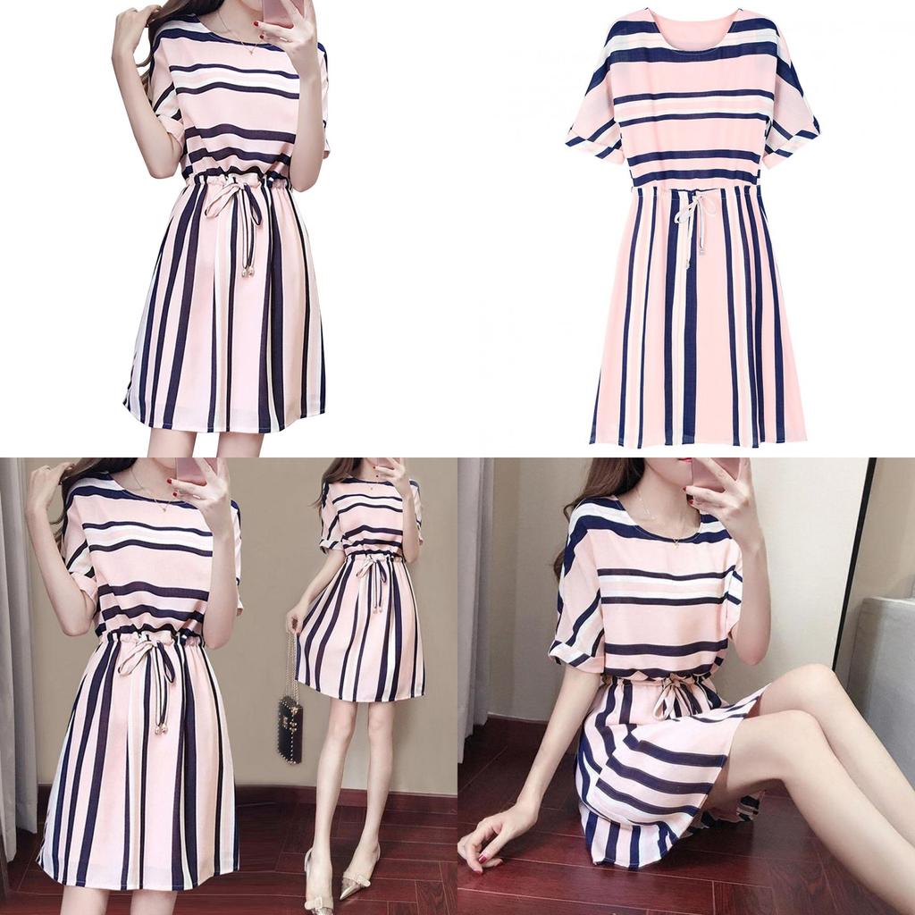 Elegant And Timeless Women Fashion Short Sleeve Casual Dress With Classic Stripes