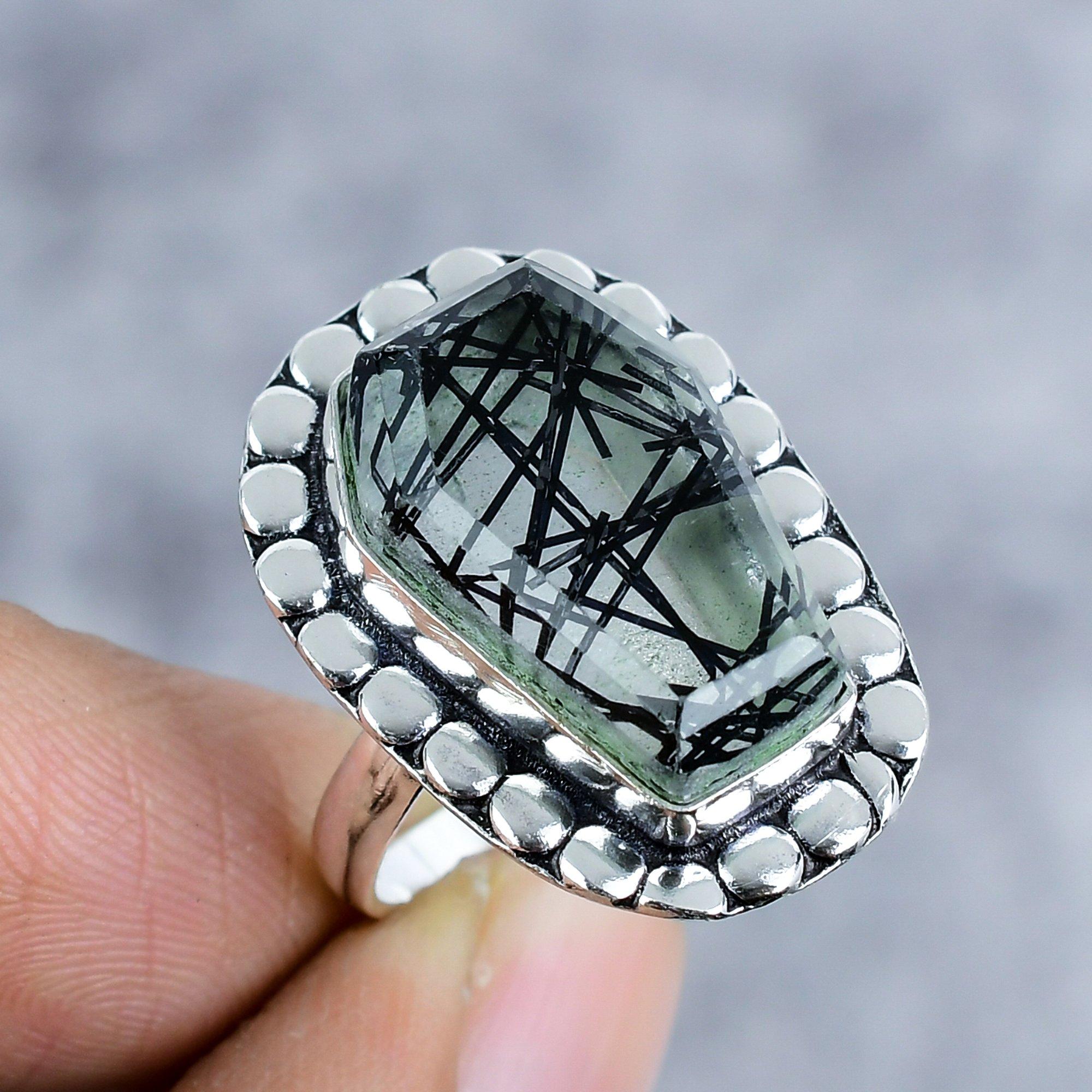 

Чорний Рутил Самоцвіт Ручна Робота Срібло 925 Проби Ювелірна Прикраса Кільце Розмір 7.5 M-2564