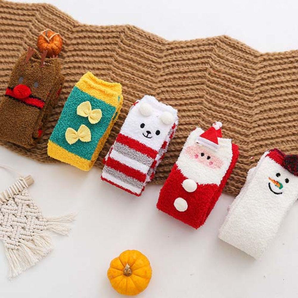 Coral Fleece Christmas Stockings Santa Claus Long Tube Socks Cartoon Hosiery  Children Stocking