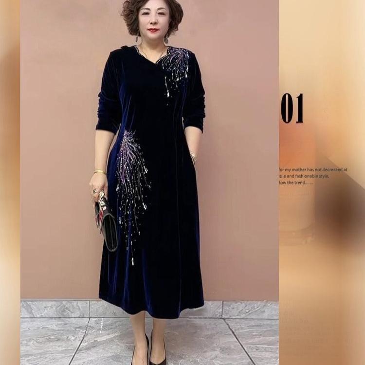 High-end Autumn Winter Retro Women's Velvet Plus-Size Dress V-neck Rhinestone Loose Long A-Line Casual Dress