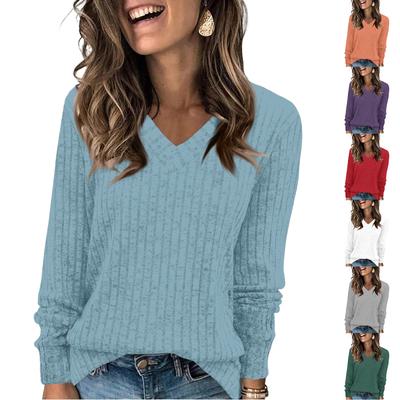 Women's Fashion Loose V-Neck T-Shirt Solid Colour Long Sleeve Pullover Top