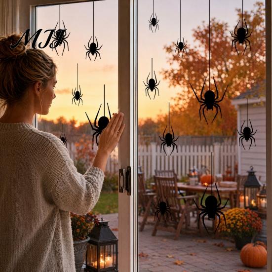 Spider Decoration Halloween Static Window Cling, Black Silhouette Glass Wall Sticker, No Residue Self-Adhesive Decal Spooky Decal, Decor