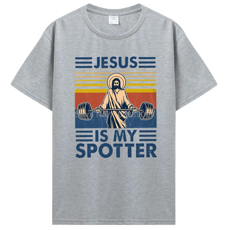 Herren Bodybuilding T-Shirt Pumping Training Crossfit Schwarzes T-Shirt Fitness Jesus Ist Mein Spotter T-Shirt Baumwoll-Tees Streetwear