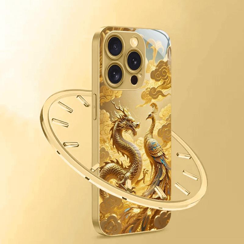 Golden Dragon Phoenix Print Gold Metallic Paint Glass Phone Case For iPhone 17 16 15 14 13 12 11 Pro Max Plus 17 Air 16E Cover