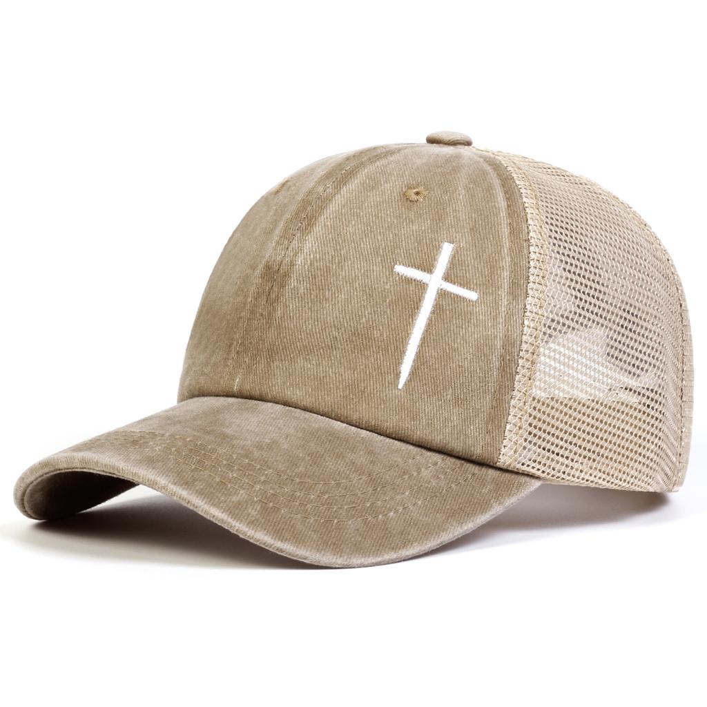 Unisex Cross Embroidery Washed Baseball Net Caps Spring and Summer Outdoor Adjustable Casual Hats Sunscreen Hat