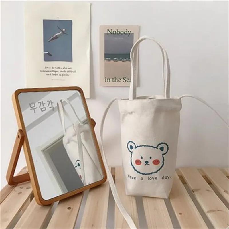 Canvas Bucket Kleine Tote Tas, Schattige Carto Mini Crossbody Tassen voor Vrouwen Meisjes om Mee te Nemen, Waterkoker, Waterbeker, Paraplu, Phe Tas
