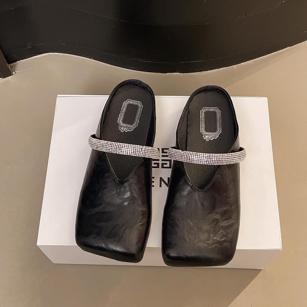 Bowknot Pearl Flat Bottom Baotou Half Slippers Women New Summer Shallow Mouth Mary Jane Single Shoes Casual Slides