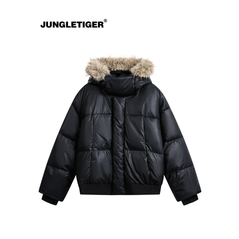 Jungle Tiger 90 White Duck down Fur Collar down Jacket for Men and Women, Winter Water-Repellent, Thickened, Cold-Proof, Loose Hooded Coat