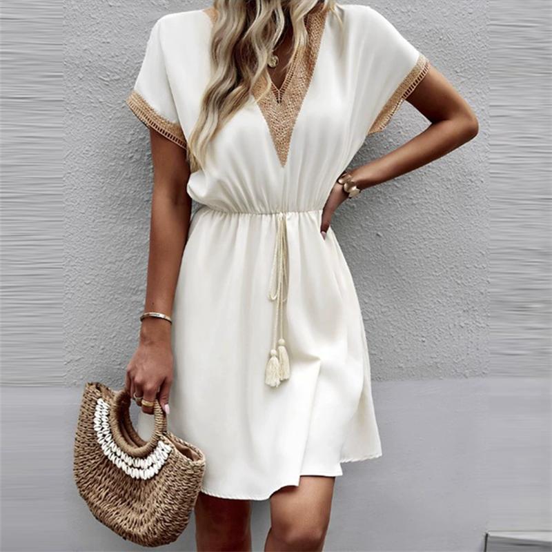 Solid Color Casual Loose Short Dresses for Women Fashion Summer Women's A-Line Midi Dress Elegant Vintage Female Dresses