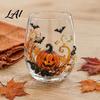 School Water Drinkware Halloween Artisan Glassware Stemless Drinking Glasses with Raised Pumpkin Ghost Black Cat Web Modern Glass Tumbler Design,