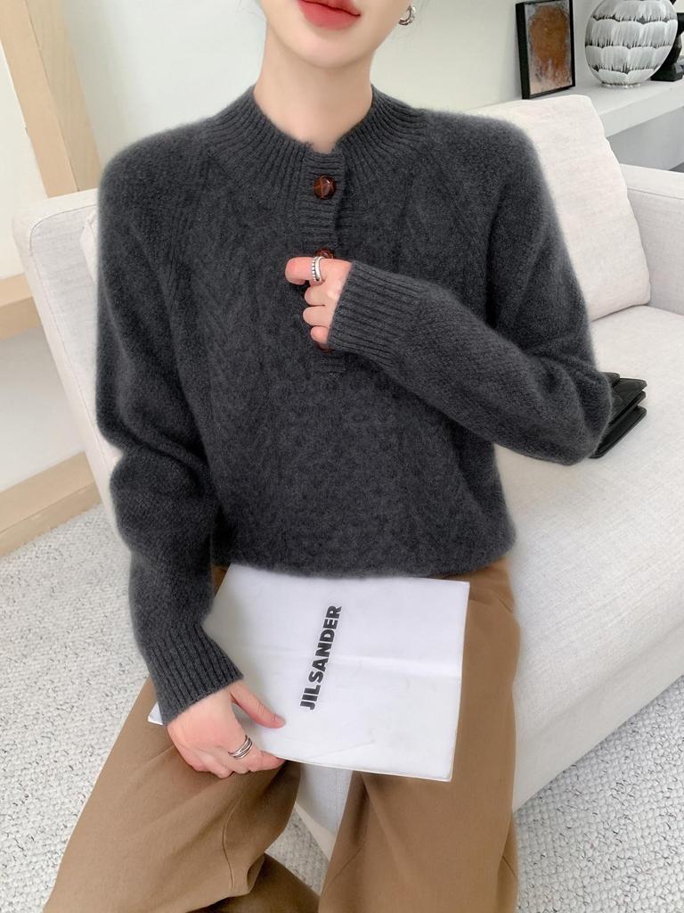 Women's Thickened Cashmere Sweater - Half-High Collar, Half-Button Cable Knit, Loose & Slimming Design