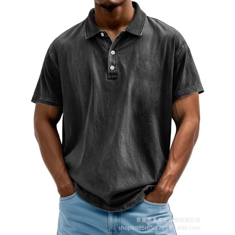 Mens Casual Washed Solid Color Short Sleeve Polo Shirt S