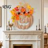 Rustic Country Style Door Hanging Wooden Pumpkin Halloween Sign with LED Lights, Artificial Floral Fall Wreath for Front Ornament Window Entryway,
