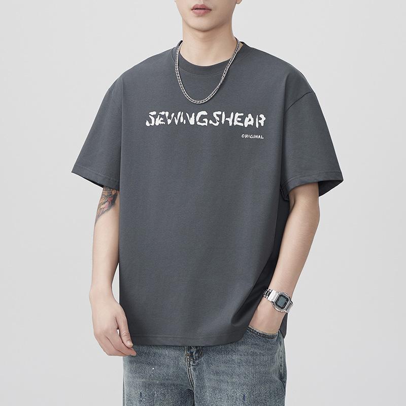 

New Summer Drop-off Printing Short-sleeved T-shirt for Men s Loose Japanese Casual 4XL серый