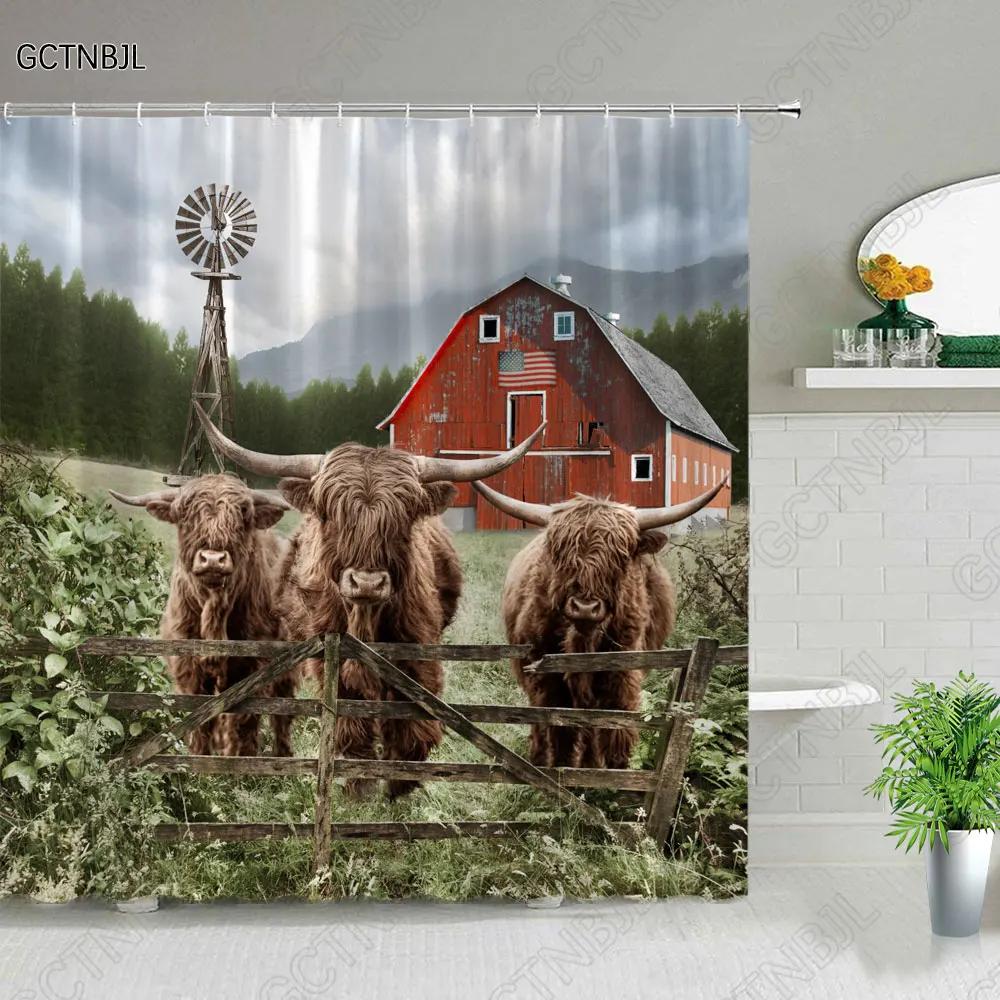 Funny Highland Bull Shower Curtains Set Western Bull Portrait Brown Wood Panel Rustic Landscape Barn Bath Curtain Bathroom Decor
