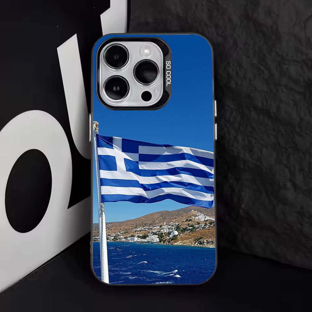 Custodia per Telefono con Mappa Bandiera Greca Grecia Per iPhone 11,12,13,14,15,16,17,Pro,Max,Plus,E,Air,Mini IMD Nero Opaco