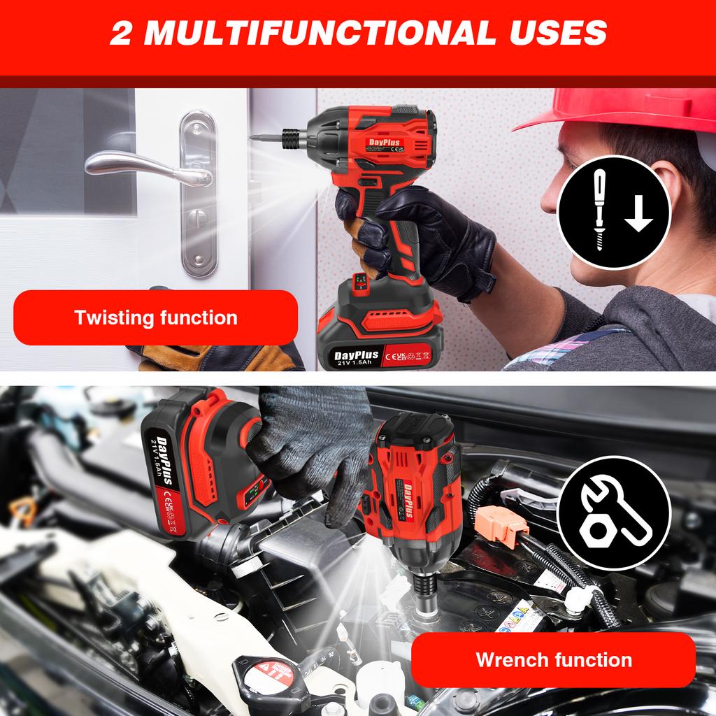 DayPlus 2 IN 1 Cordless Impact Wrench,1/2" Driver Brushless Power Impact Gun,2500RPM Electric Wrench, Max Torque 1500Nm+Battery