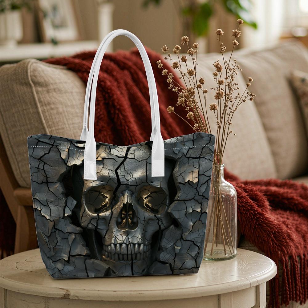 Cool Cracked Skull Print Tote Bag Fashion Casual Large Capacity Shoulder Handbag For Daily Use