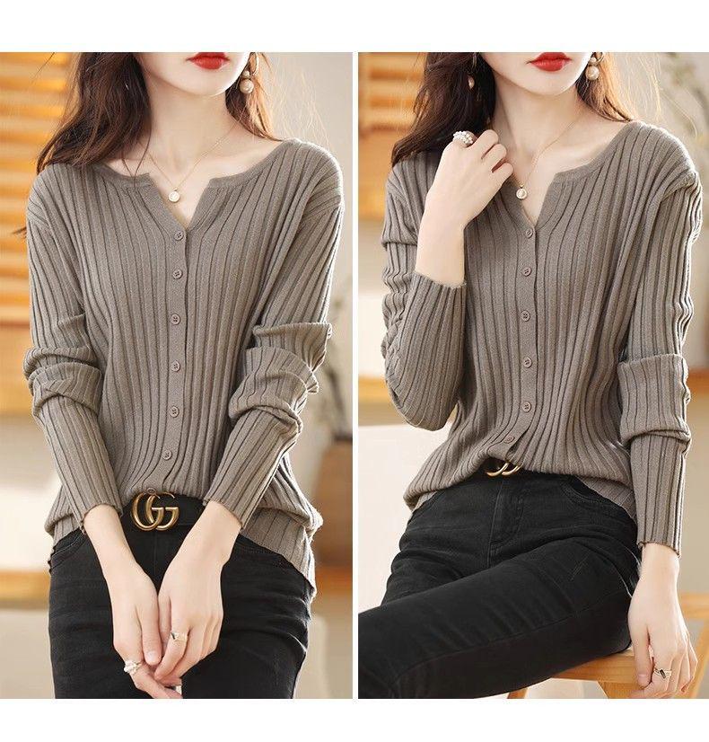 Damski kardigan swetrowy z dekoltem w serek, wyszczuplający, z długim rękawem, na jesień/zimę 2024