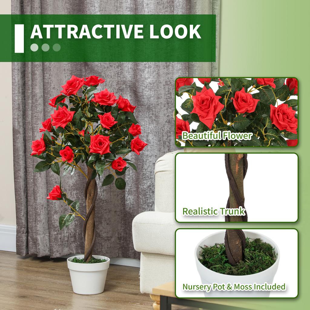 Set of 2 Artificial Plants White Rose Floral In Pot, Fake Plants for Home Indoor Decor, 90cm, Red