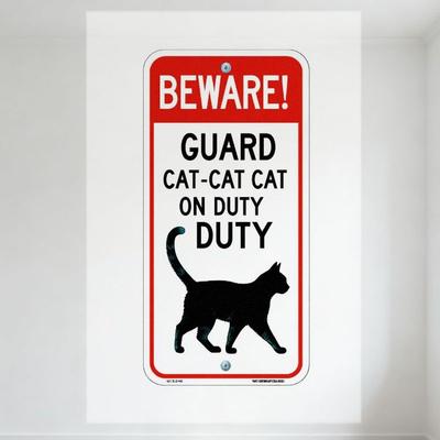 Beware Guard Cat-Cat On Duty Funny Cat Silhouette Warning Metal Tin Sign Red Border White Background for Home Garden Office Deco