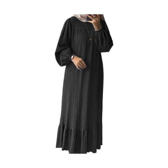 Women Dress Round Neck Puff Long Sleeve Loose Fit Maxi Dress with Layered Ruffle Hem Puff Sleeves Holiday Wear