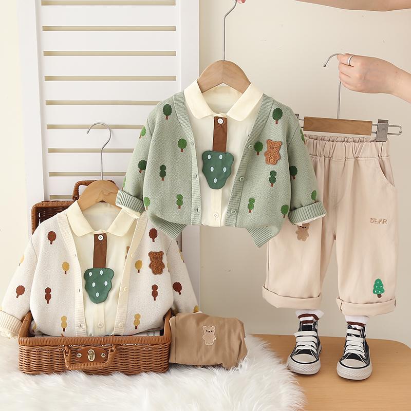 Boys' Long Sleeved 3-piece Set, Autumn and Winter Boys' Cartoon Printed Knitted Jacket, Casual Shirt+long Pants Set, High-quality Clothes