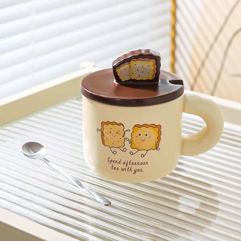 Creative Bread Ceramic Home Use Cute Cartoon Mug Mug Couple Water Cup with Lid Spoon Coffee Cup Breakfast Cup