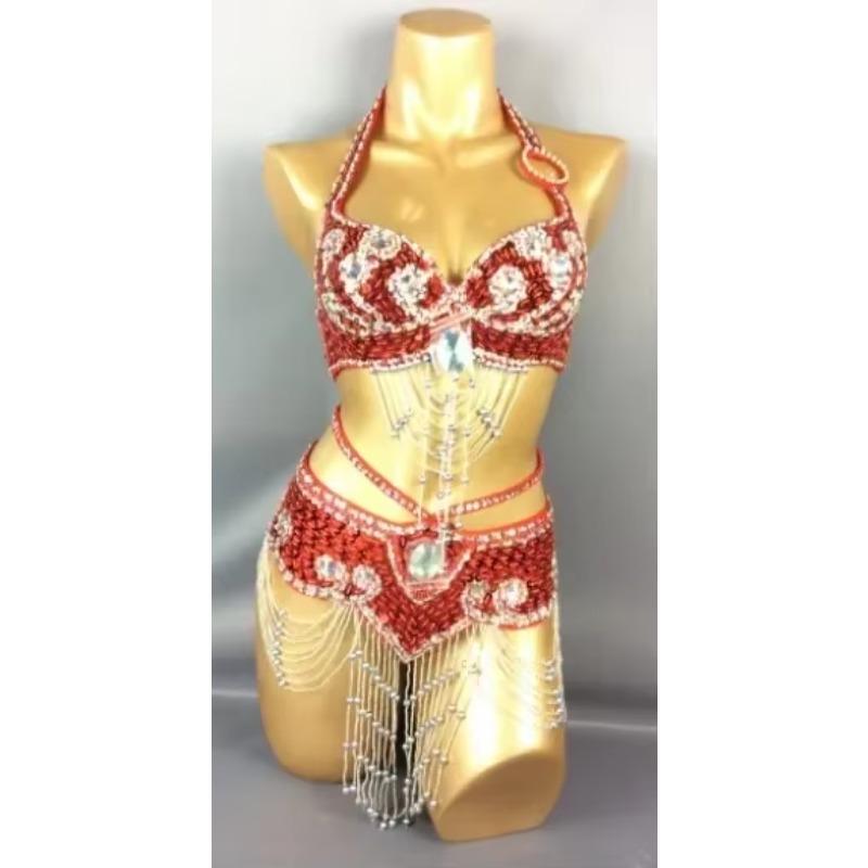 Hot Selling Women Beaded Sequins Belly Dancing Suite Belt+Bra Samba Costumes Club USA Bra Size 34B,36B,38B,40B,34D,36D,38D,40D