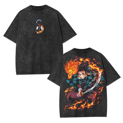 Japanese Anime Demon Slayer Graphic T-shirt Kamado Tanjirou Washed Oversized T Shirt Men Women Clothing Cotton Short Sleeve Tees