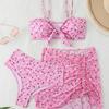 2025 Europäischer & Amerikanischer Rosa Print Sexy Bikini Dreiteiliger Damen Badeanzug Set