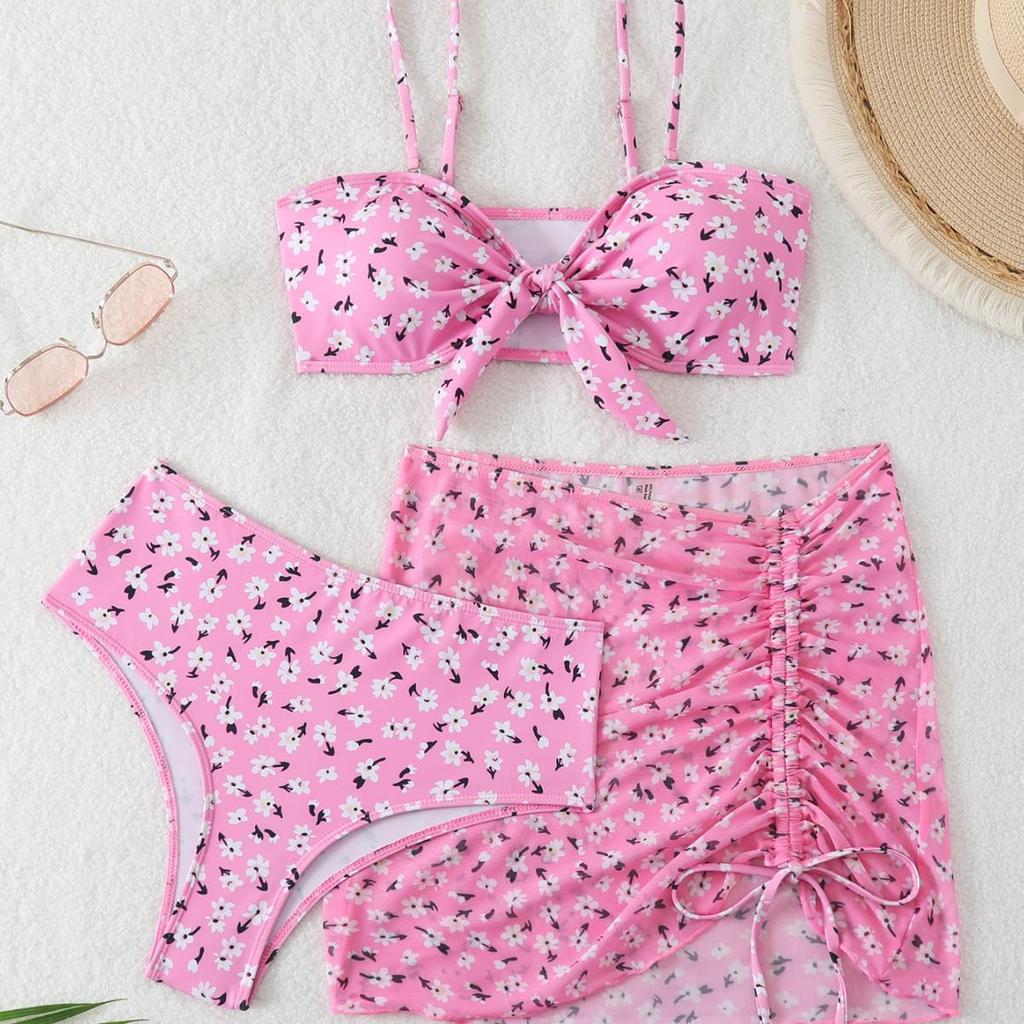 2025 Europäischer & Amerikanischer Rosa Print Sexy Bikini Dreiteiliger Damen Badeanzug Set