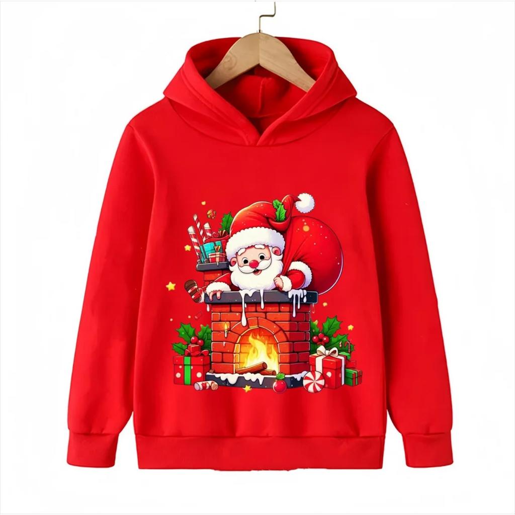 2025 Christmas Cute Christmas Chimney Festival Dress Up Girl Autumn/Winter Hoodie Hoodie Suitable for Children Aged 4-14 Warm Top