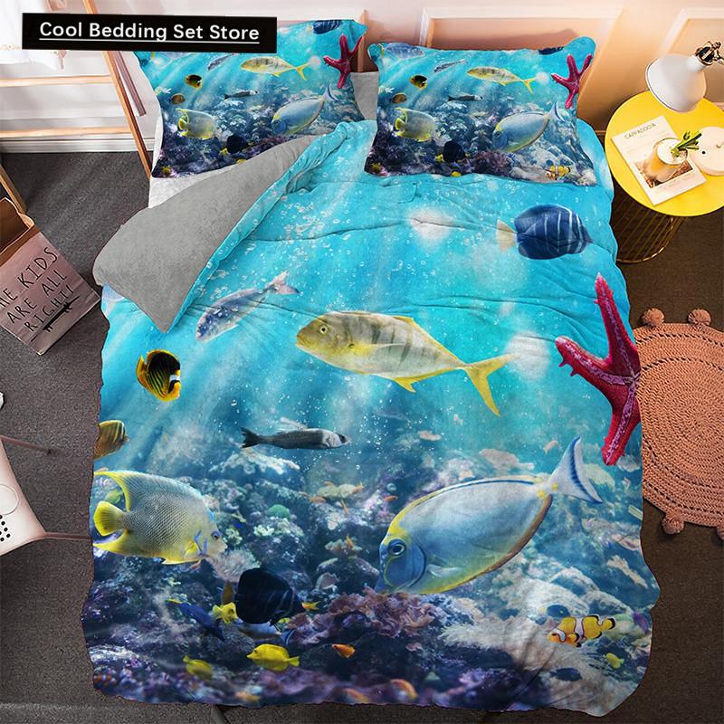 Blue Ocean King Queen Bettbezug Cartoon Seestern Muschel Bettwäscheset für Kind Teenager Erwachsene Meer Strand 2/3tlg. Polyester Bettdeckenbezug