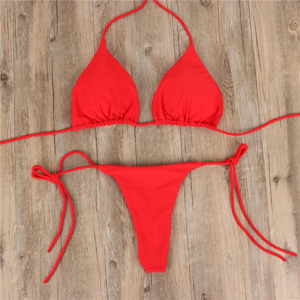 Women's Swimwear Solid Color Bikini Set Halter Sexy Thong Brazilian Beachwear Bathing Suits